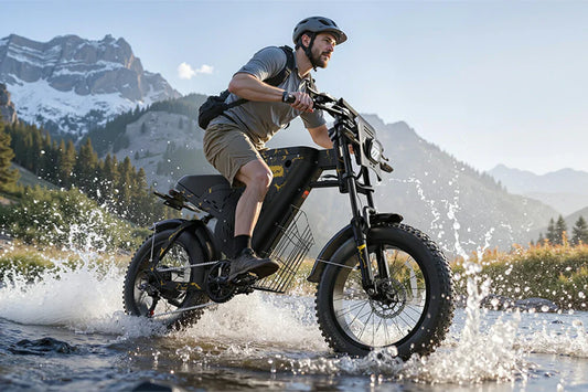 VARUN X-Plorer fat tire e-bike riding through shallow mountain stream water splash